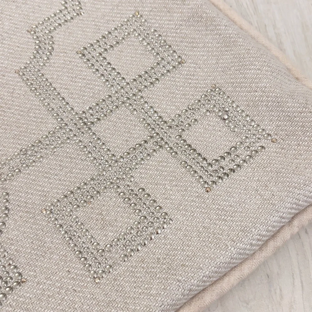 MICHELLE HATCH Beige Studded Embellished Square Linen Blend Pillow Cover 20”X20”